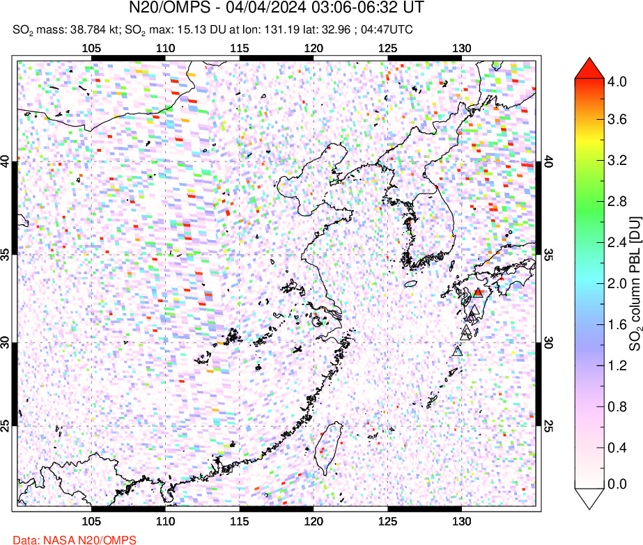 A sulfur dioxide image over Eastern China on Apr 04, 2024.