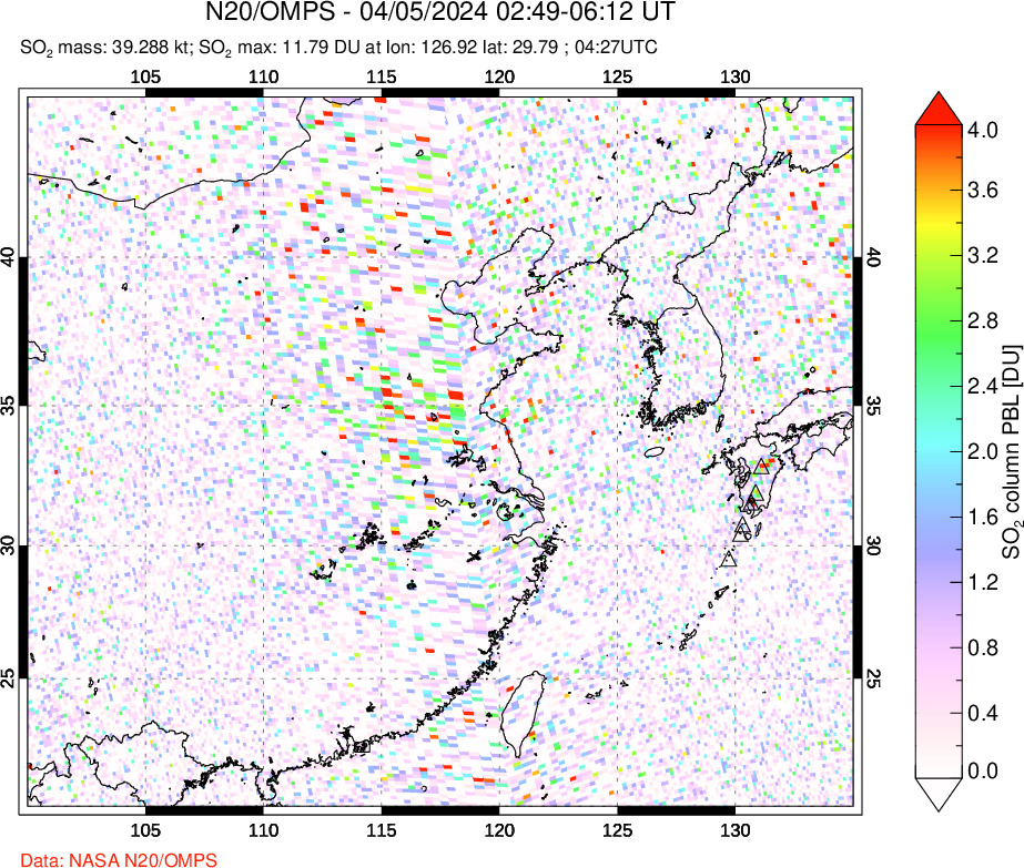 A sulfur dioxide image over Eastern China on Apr 05, 2024.