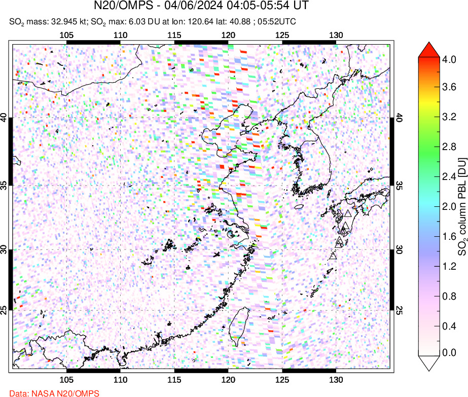 A sulfur dioxide image over Eastern China on Apr 06, 2024.