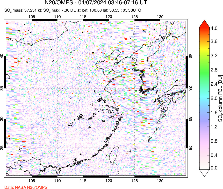 A sulfur dioxide image over Eastern China on Apr 07, 2024.