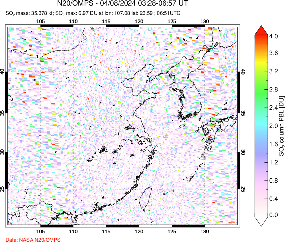 A sulfur dioxide image over Eastern China on Apr 08, 2024.