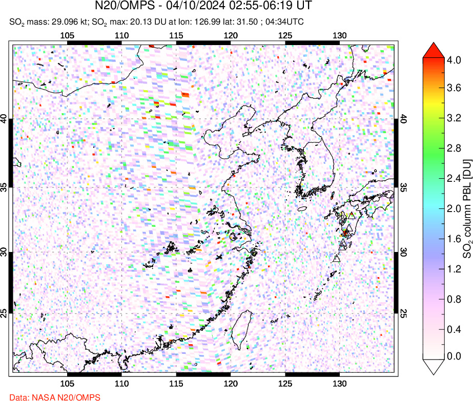 A sulfur dioxide image over Eastern China on Apr 10, 2024.