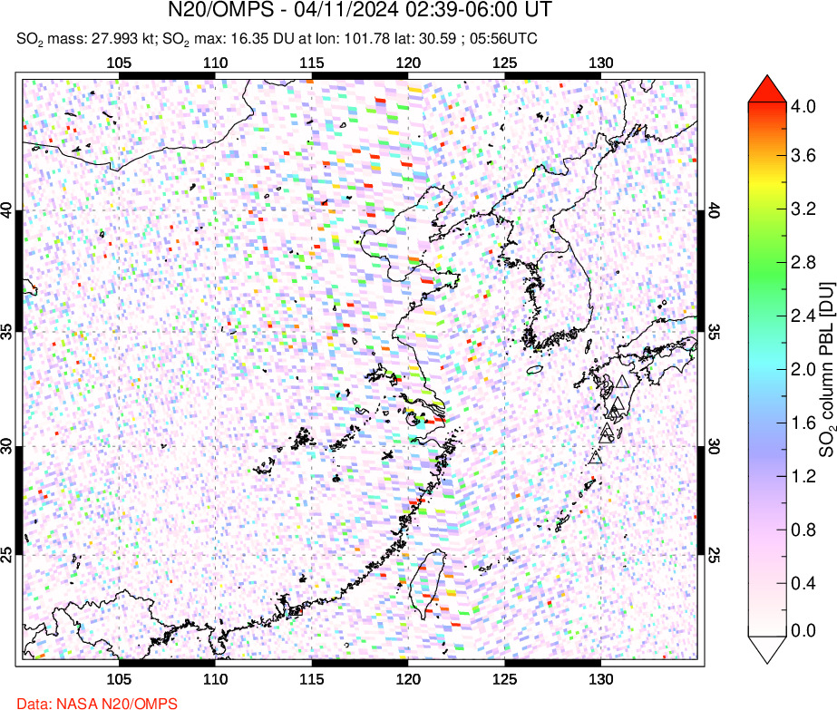 A sulfur dioxide image over Eastern China on Apr 11, 2024.