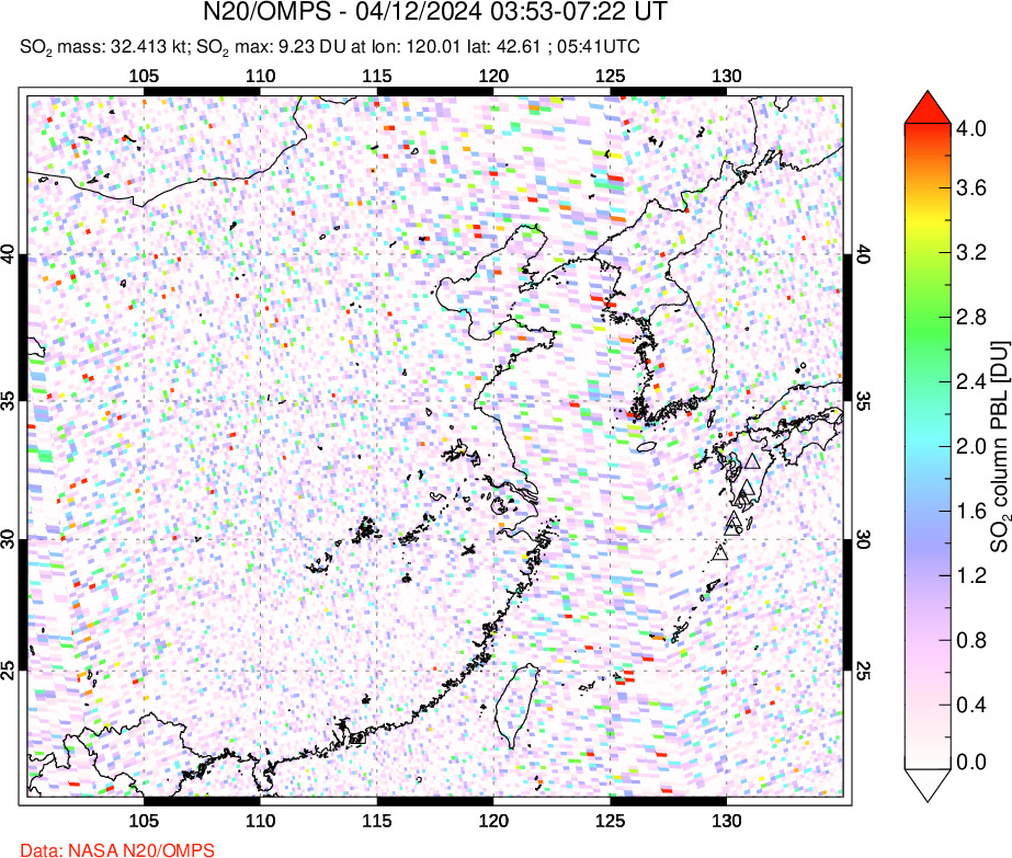 A sulfur dioxide image over Eastern China on Apr 12, 2024.