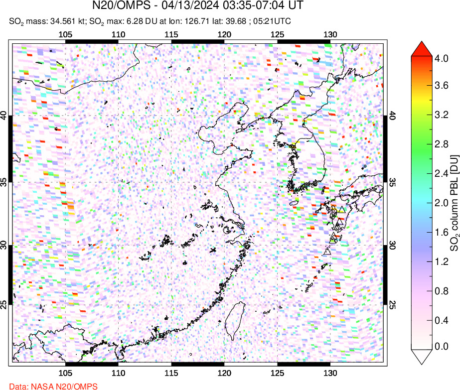 A sulfur dioxide image over Eastern China on Apr 13, 2024.