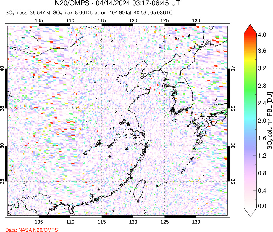 A sulfur dioxide image over Eastern China on Apr 14, 2024.