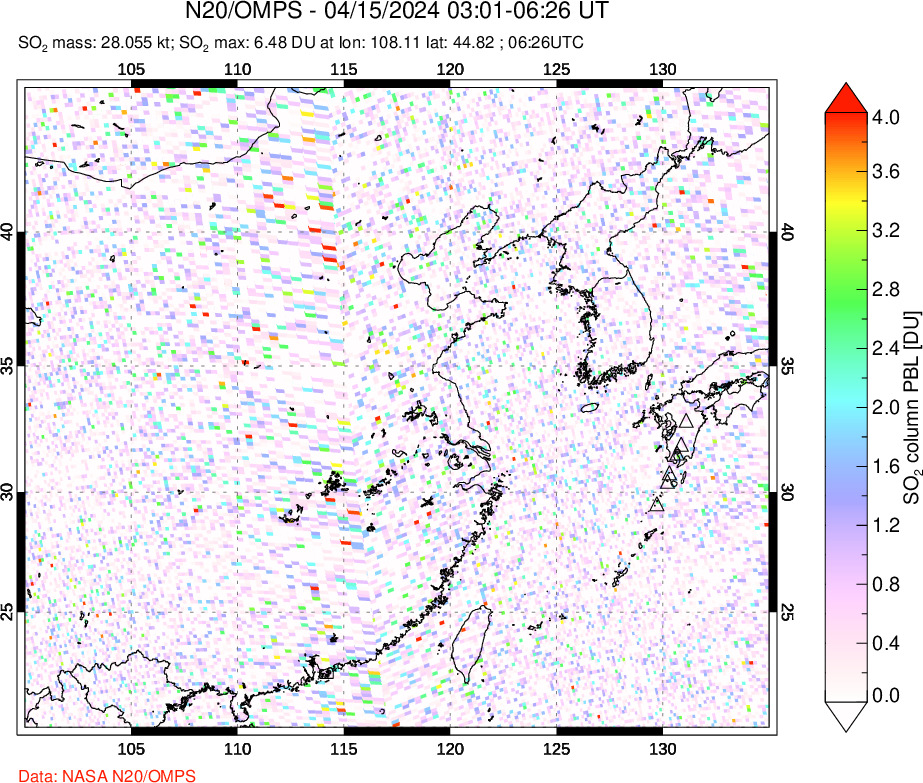 A sulfur dioxide image over Eastern China on Apr 15, 2024.