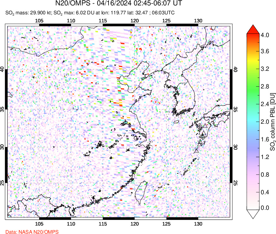 A sulfur dioxide image over Eastern China on Apr 16, 2024.