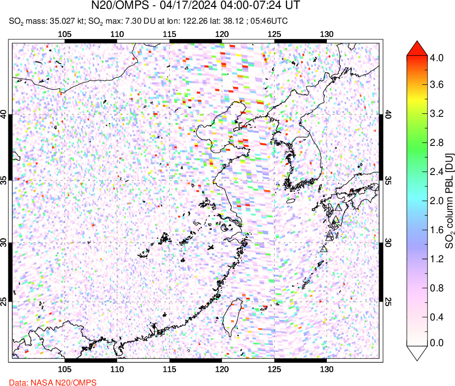 A sulfur dioxide image over Eastern China on Apr 17, 2024.