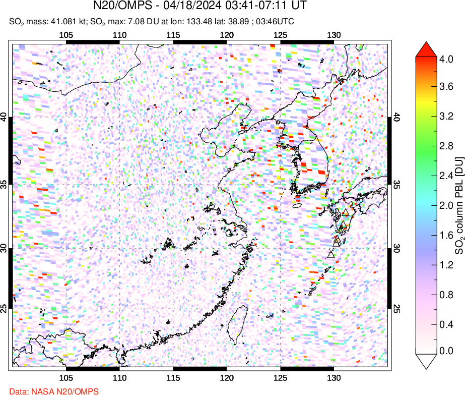 A sulfur dioxide image over Eastern China on Apr 18, 2024.