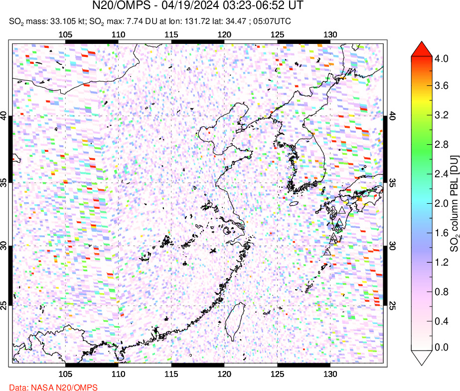 A sulfur dioxide image over Eastern China on Apr 19, 2024.