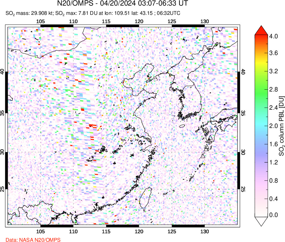 A sulfur dioxide image over Eastern China on Apr 20, 2024.