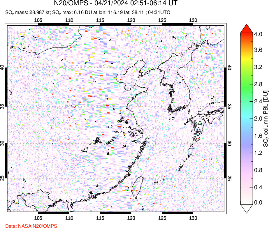 A sulfur dioxide image over Eastern China on Apr 21, 2024.