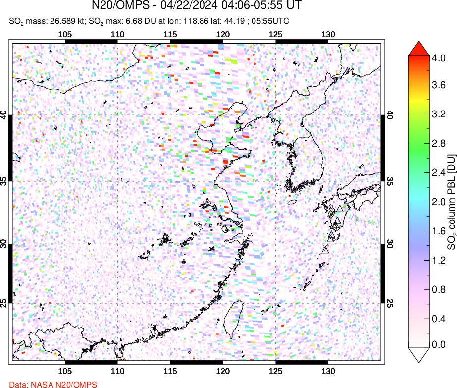 A sulfur dioxide image over Eastern China on Apr 22, 2024.