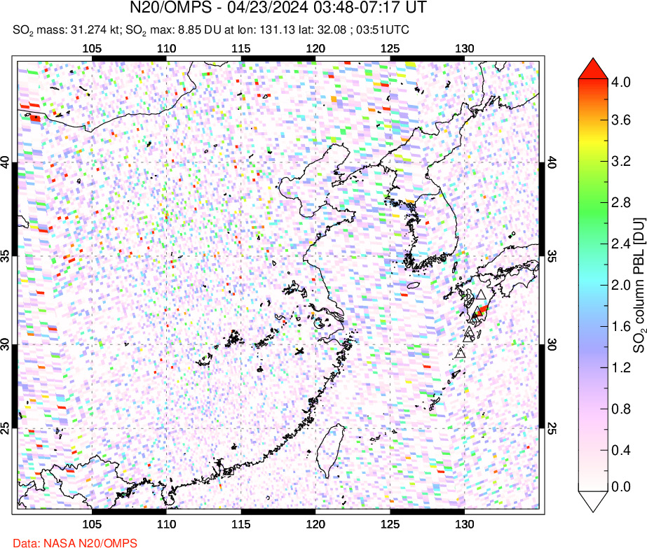 A sulfur dioxide image over Eastern China on Apr 23, 2024.