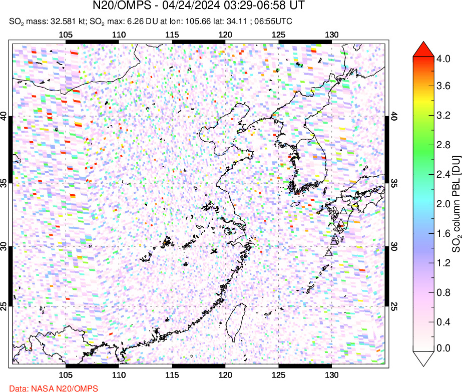 A sulfur dioxide image over Eastern China on Apr 24, 2024.