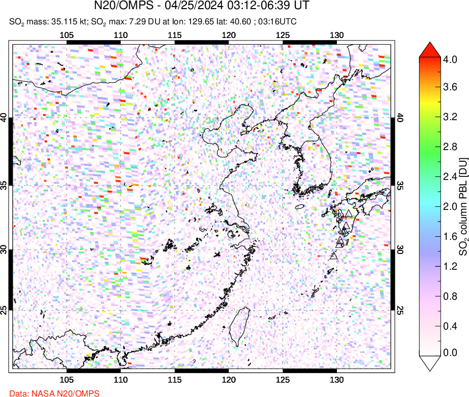 A sulfur dioxide image over Eastern China on Apr 25, 2024.