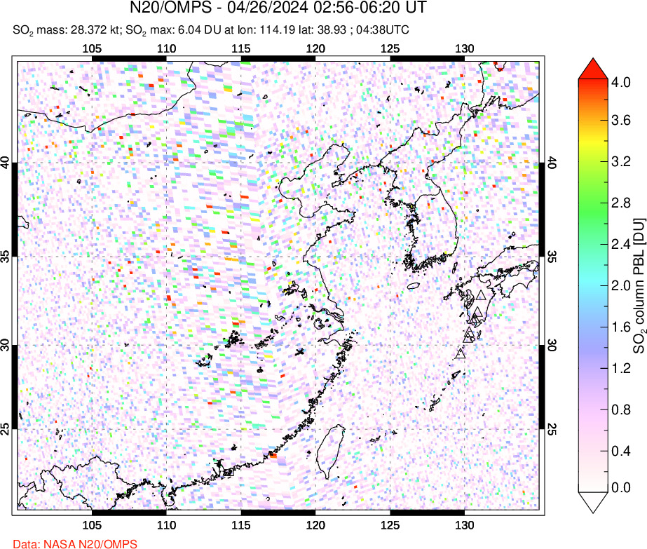 A sulfur dioxide image over Eastern China on Apr 26, 2024.