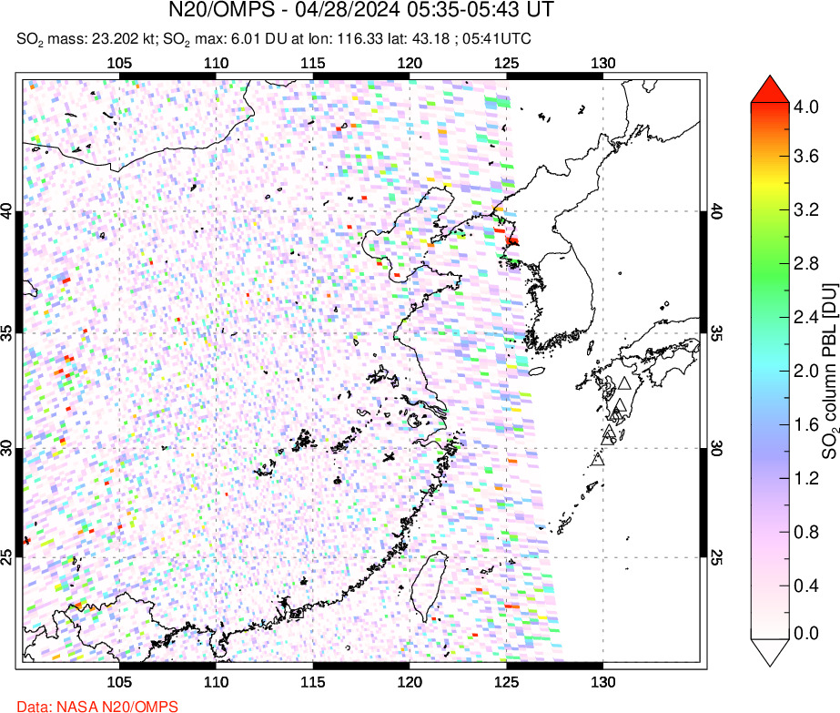 A sulfur dioxide image over Eastern China on Apr 28, 2024.