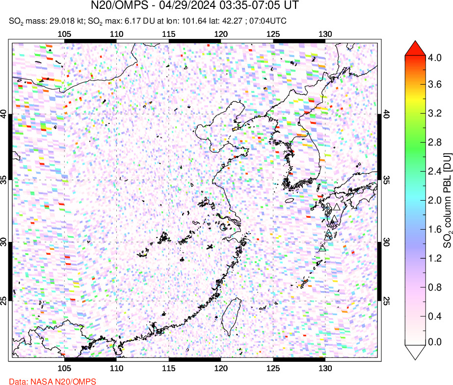 A sulfur dioxide image over Eastern China on Apr 29, 2024.