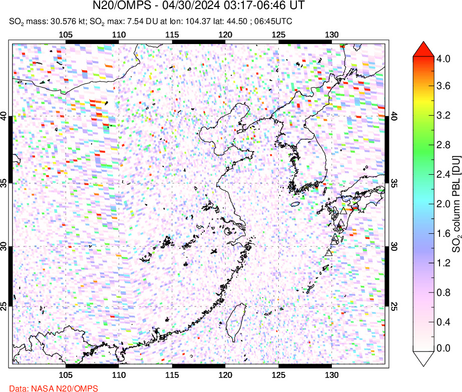 A sulfur dioxide image over Eastern China on Apr 30, 2024.