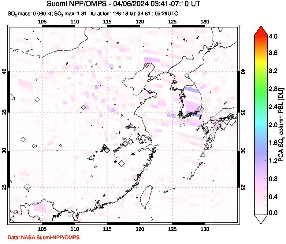 A sulfur dioxide image over Eastern China on Apr 06, 2024.