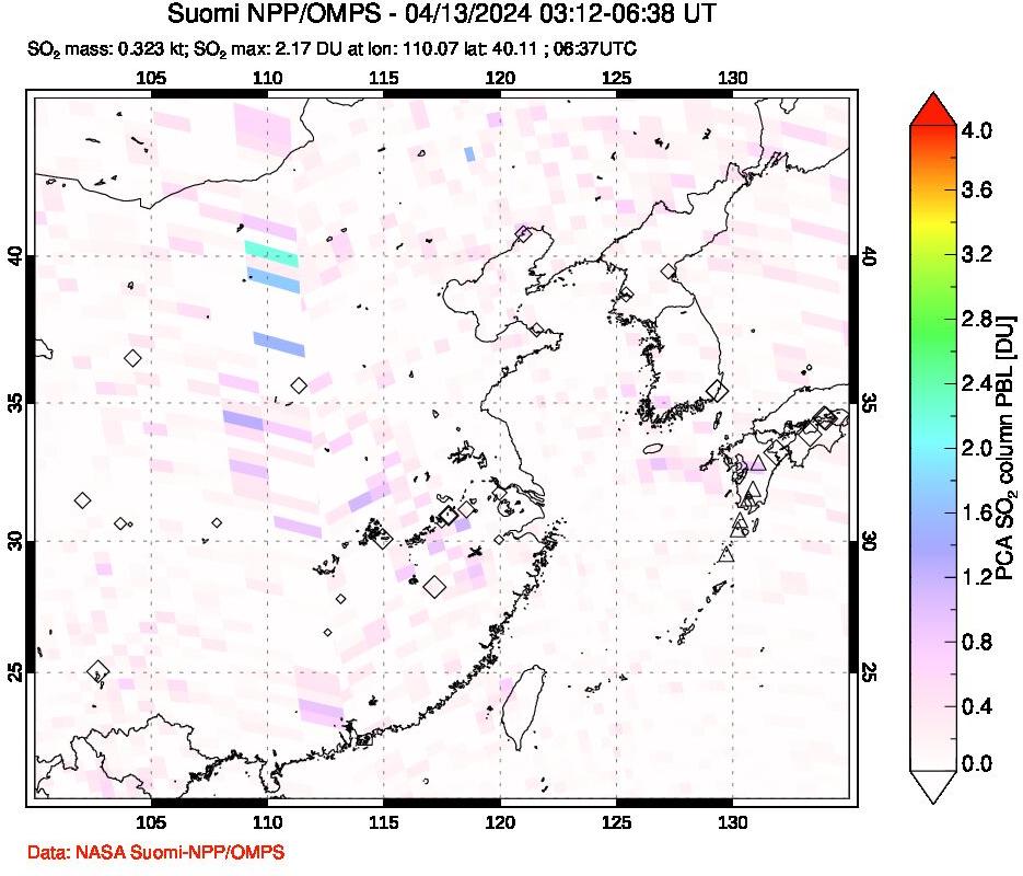 A sulfur dioxide image over Eastern China on Apr 13, 2024.