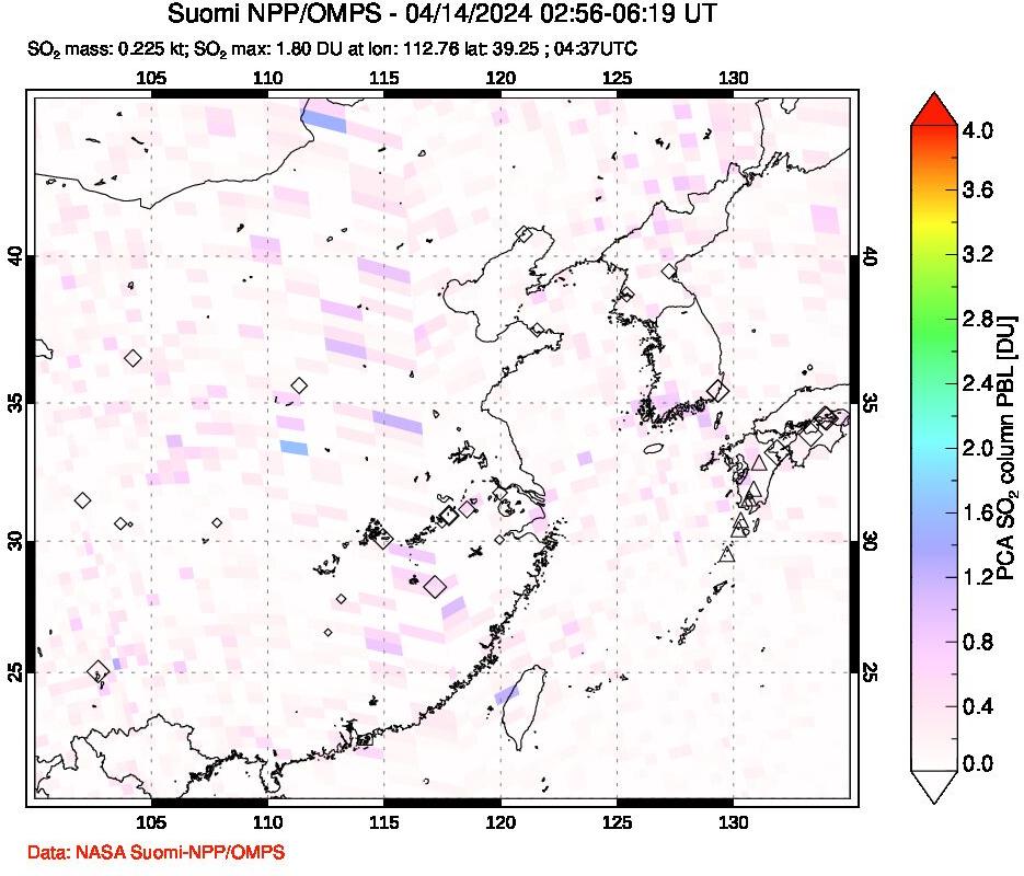 A sulfur dioxide image over Eastern China on Apr 14, 2024.