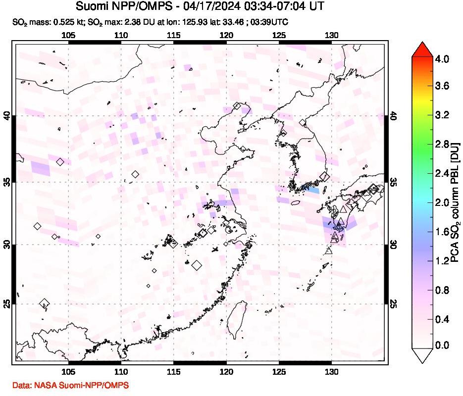 A sulfur dioxide image over Eastern China on Apr 17, 2024.