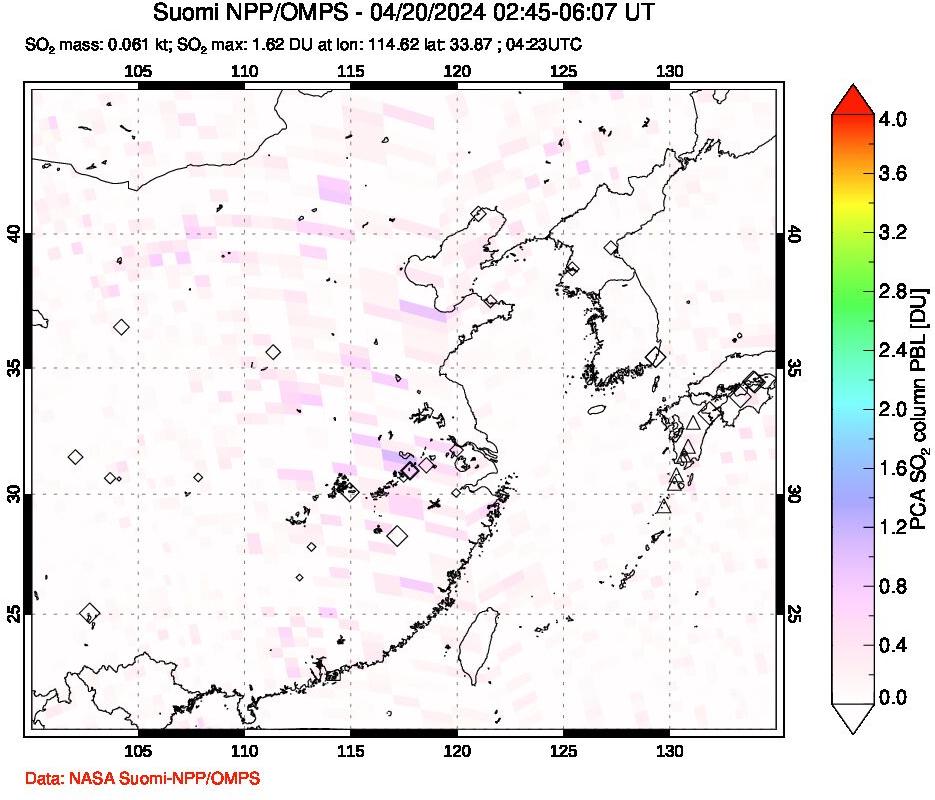 A sulfur dioxide image over Eastern China on Apr 20, 2024.