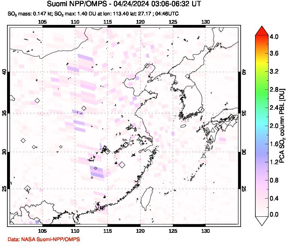 A sulfur dioxide image over Eastern China on Apr 24, 2024.