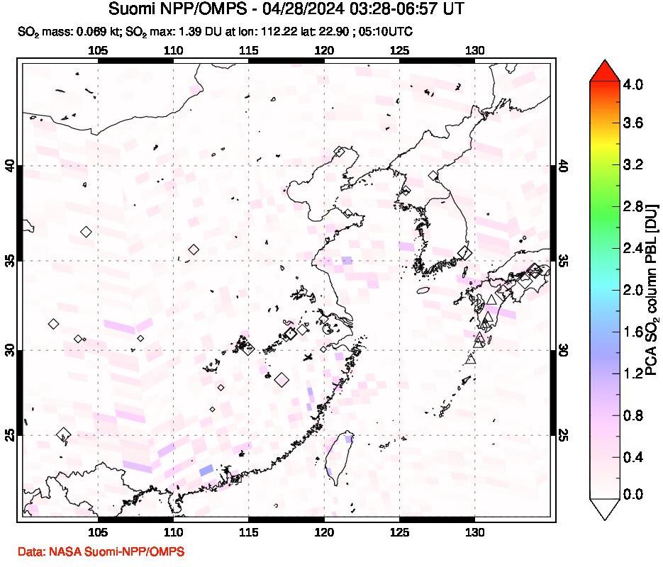 A sulfur dioxide image over Eastern China on Apr 28, 2024.