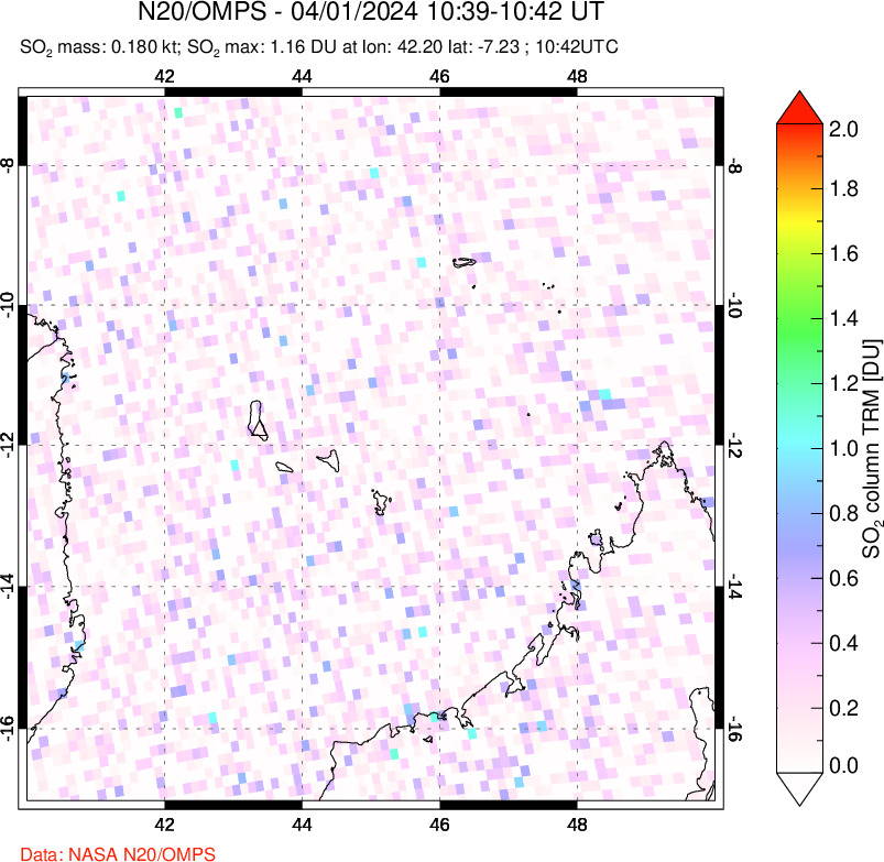 A sulfur dioxide image over Comoro Islands on Apr 01, 2024.