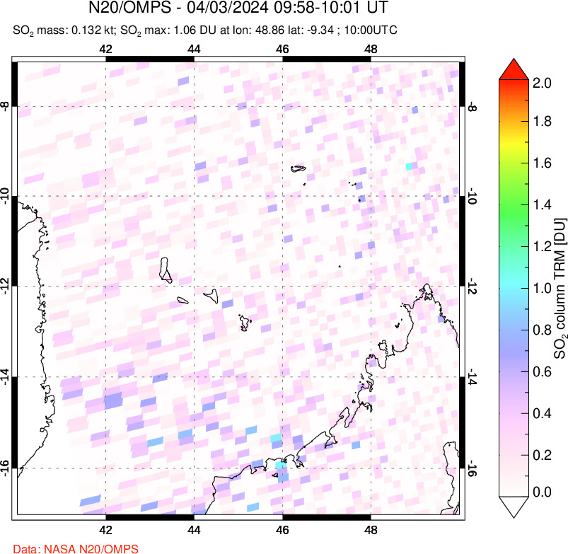 A sulfur dioxide image over Comoro Islands on Apr 03, 2024.