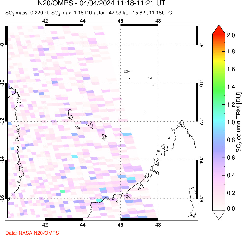 A sulfur dioxide image over Comoro Islands on Apr 04, 2024.