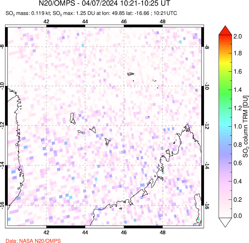 A sulfur dioxide image over Comoro Islands on Apr 07, 2024.