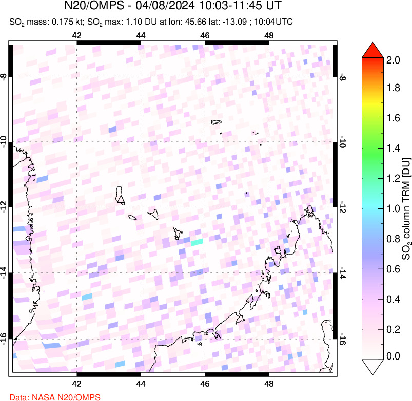 A sulfur dioxide image over Comoro Islands on Apr 08, 2024.