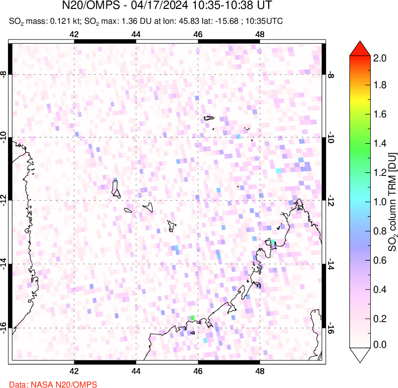 A sulfur dioxide image over Comoro Islands on Apr 17, 2024.