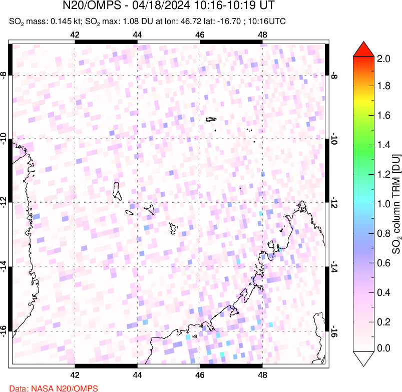 A sulfur dioxide image over Comoro Islands on Apr 18, 2024.