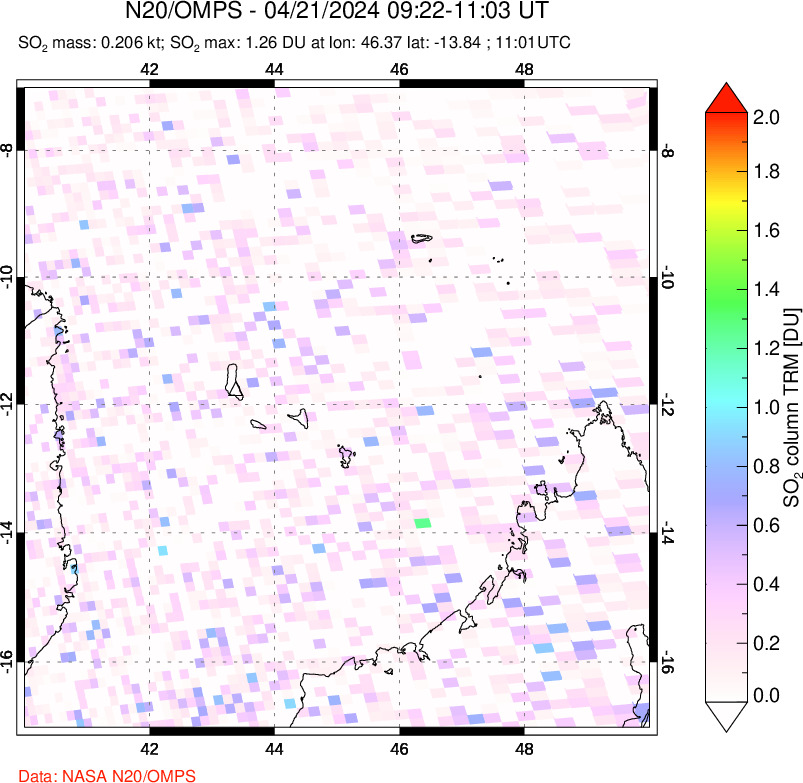 A sulfur dioxide image over Comoro Islands on Apr 21, 2024.