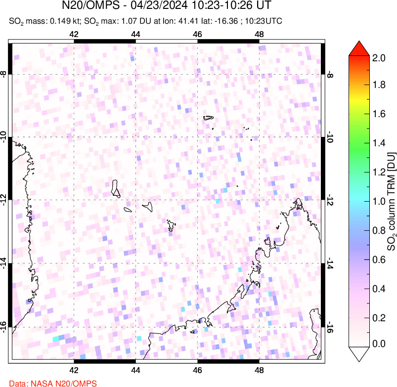 A sulfur dioxide image over Comoro Islands on Apr 23, 2024.