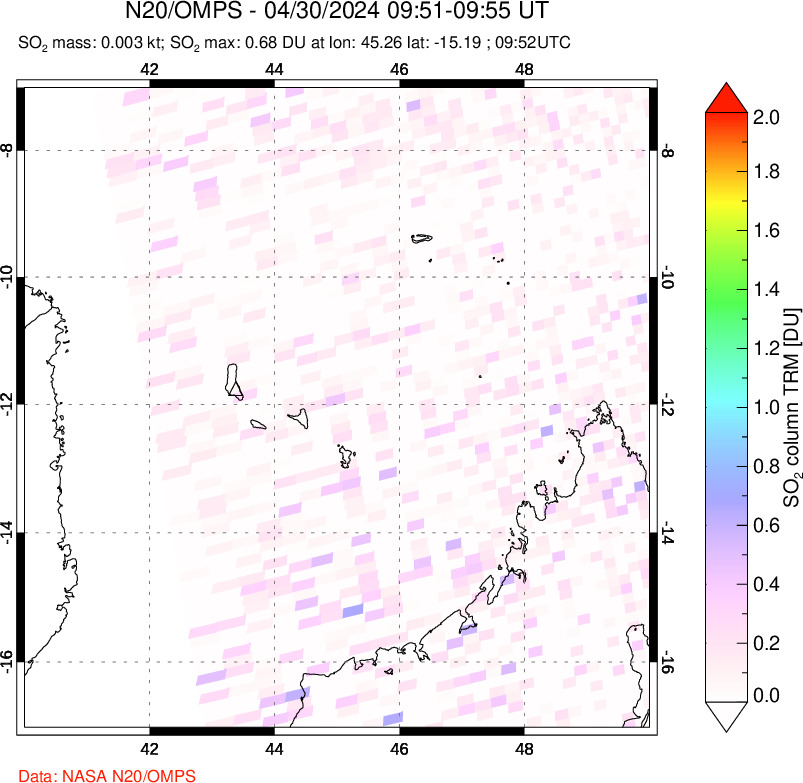 A sulfur dioxide image over Comoro Islands on Apr 30, 2024.