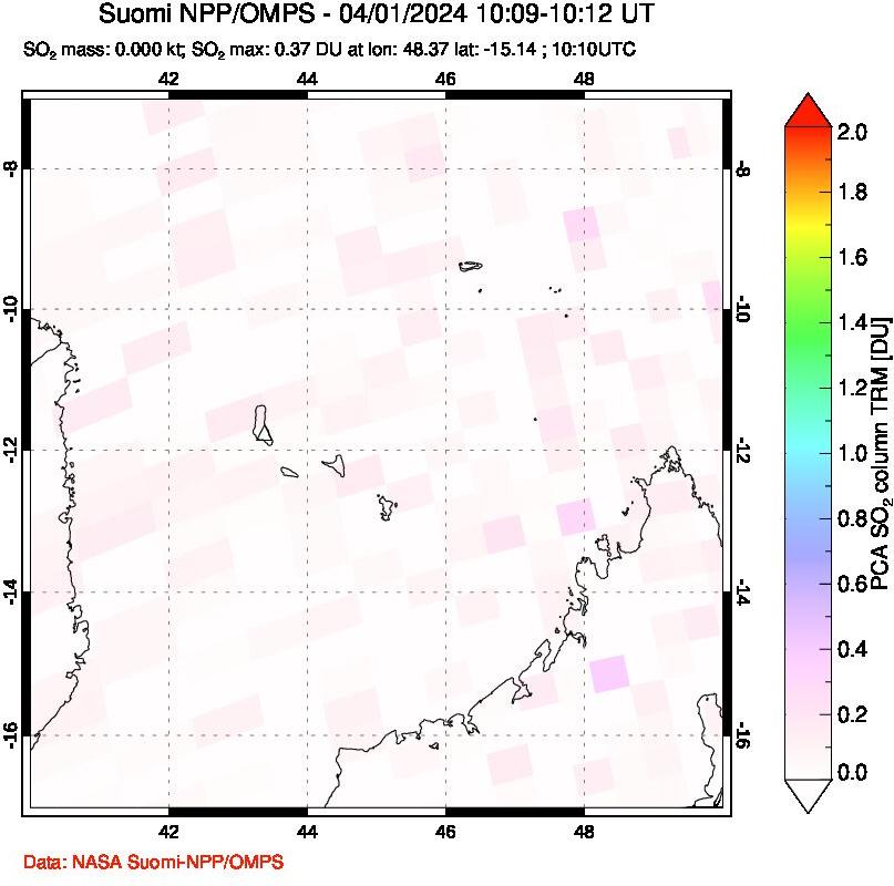 A sulfur dioxide image over Comoro Islands on Apr 01, 2024.