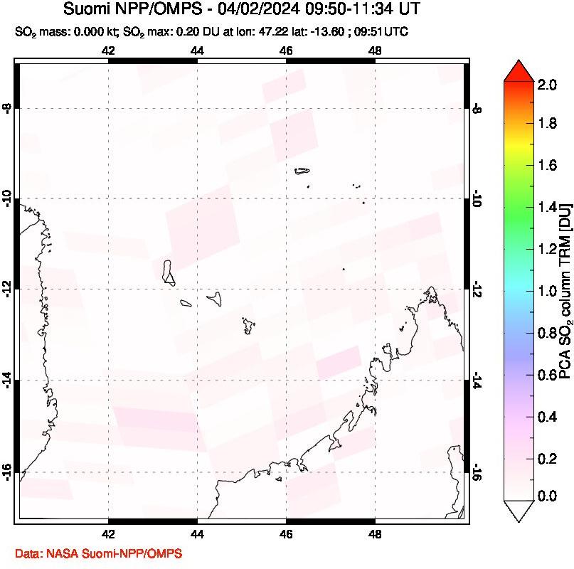 A sulfur dioxide image over Comoro Islands on Apr 02, 2024.