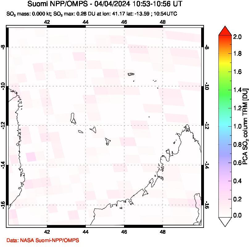 A sulfur dioxide image over Comoro Islands on Apr 04, 2024.