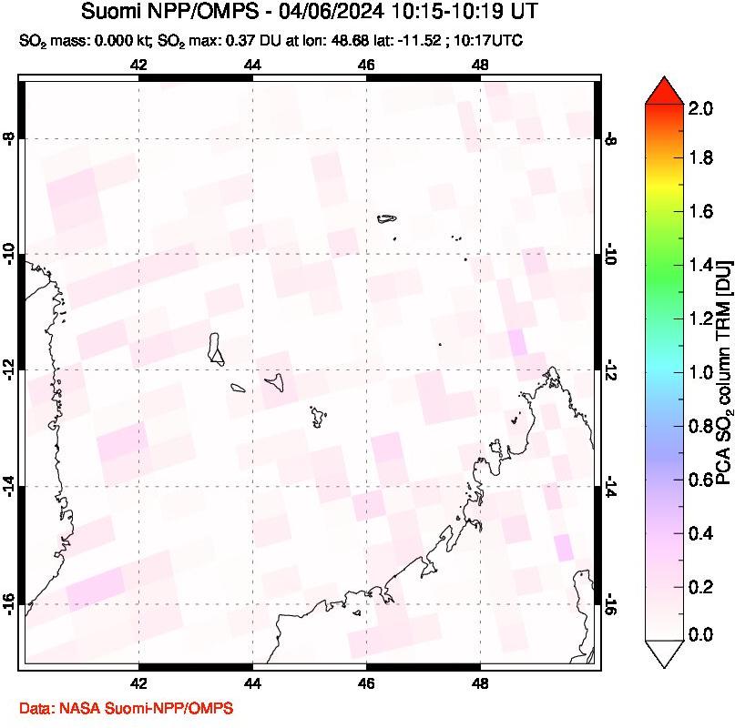 A sulfur dioxide image over Comoro Islands on Apr 06, 2024.