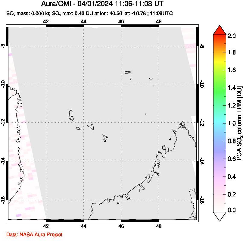 A sulfur dioxide image over Comoro Islands on Apr 01, 2024.