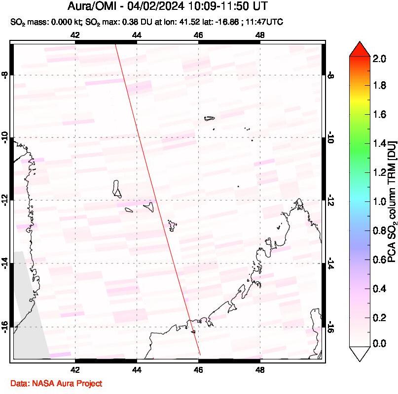 A sulfur dioxide image over Comoro Islands on Apr 02, 2024.