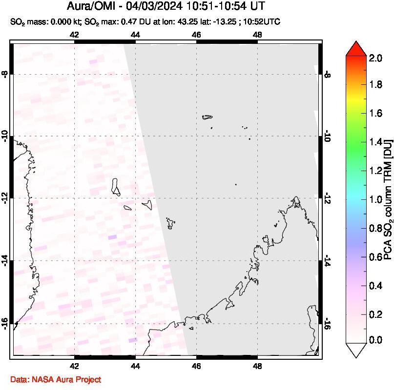 A sulfur dioxide image over Comoro Islands on Apr 03, 2024.