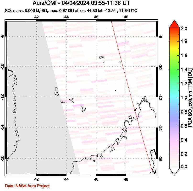 A sulfur dioxide image over Comoro Islands on Apr 04, 2024.